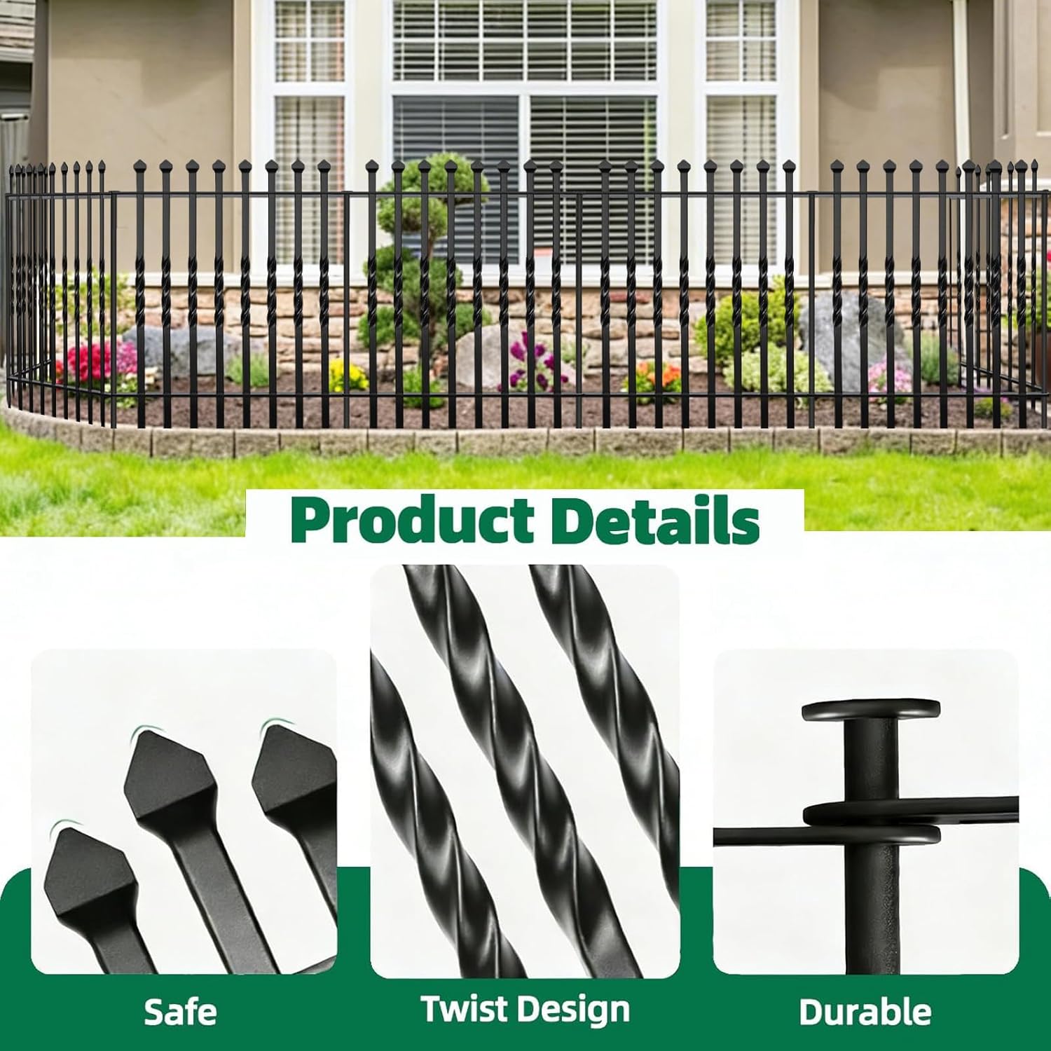 10 Panels Decorative Garden Fence, 32in(H)×24Ft(L) Heavy Duty Twist Outdoor Dog Fence Rustproof Metal Square Tube No Dig Animal Barrier Border Fencing for Temporary Yard Patio Landscape