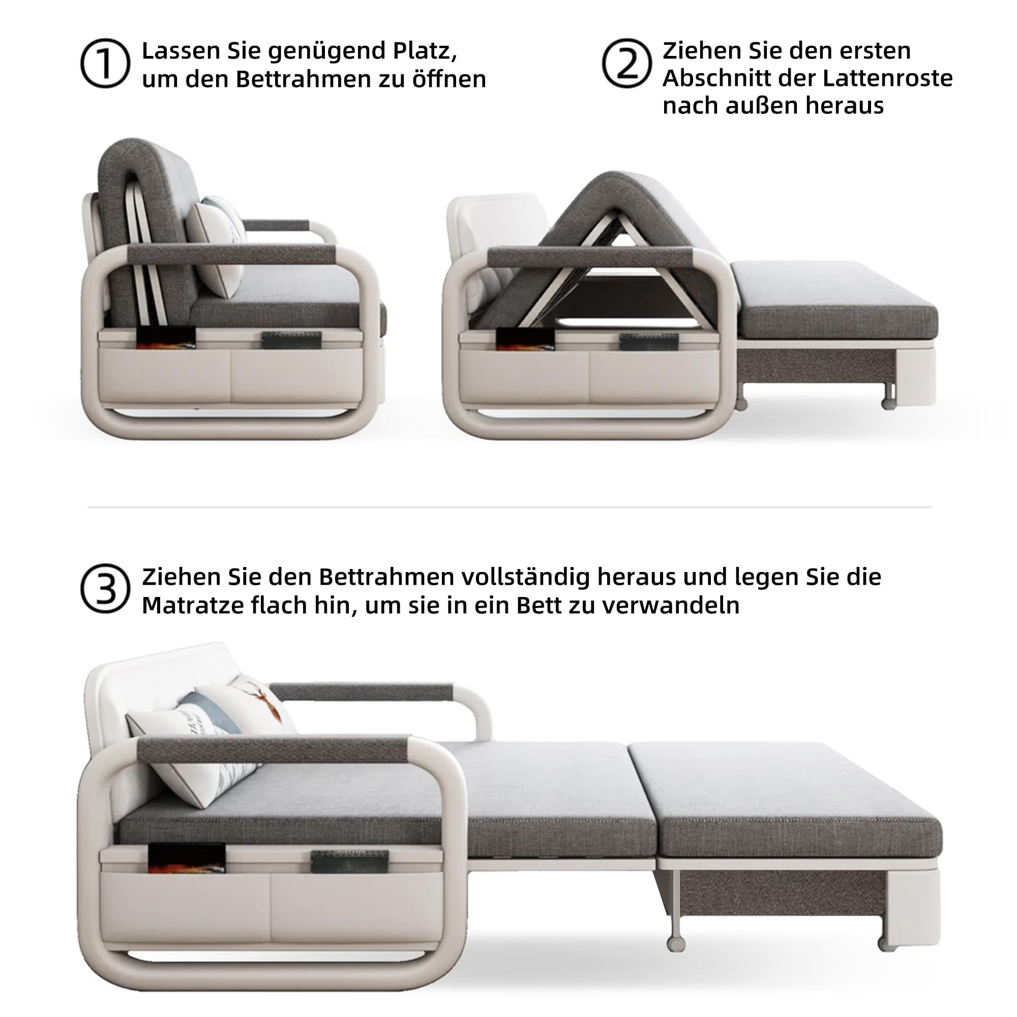 Ausziehbares Schlafsofa mit Schlaffunktion für kleine Räume | Schlafcouch,Sofa Bed,mit Stauraum,Abnehmbares,Für Wohnzimmer,Dunkelgrau und Weiß,150cm
