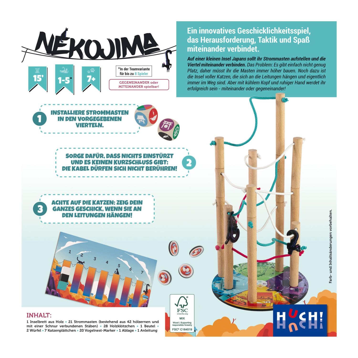 HUCH! Nekojima | Jeux de société à partir de 7 Ans | Jeux d'adresse | Écoliers | Cadeaux en Bois | Île des Chats au Japon | pour 1 à 5 Joueurs à partir de 7 Ans