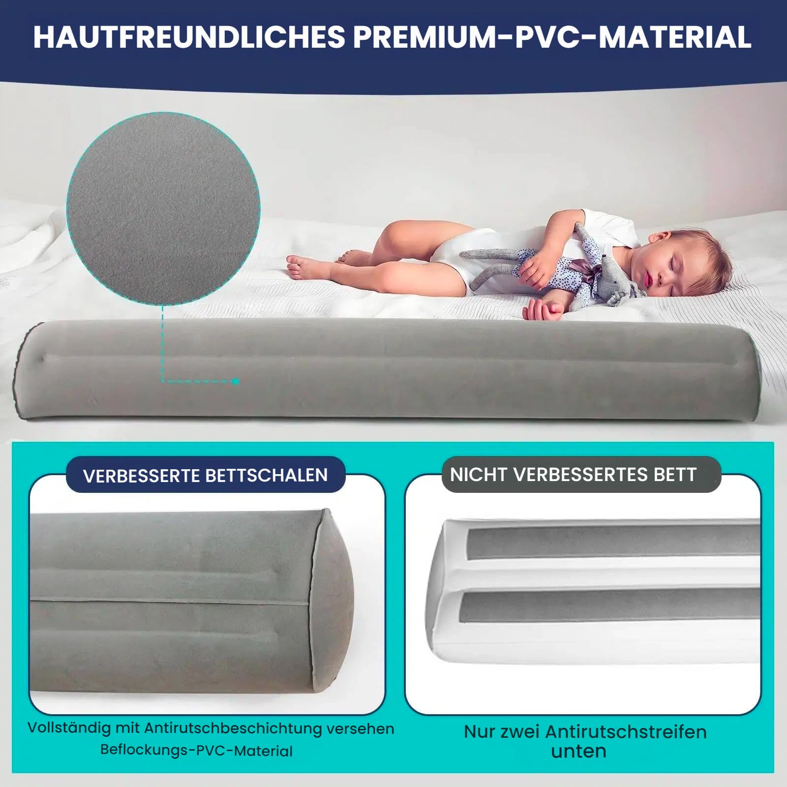 Lot de 2 protections anti-chute gonflables pour lit de voyage - Barrière de lit gonflable - 140 cm - Pour enfants et bébés (2 x gris)