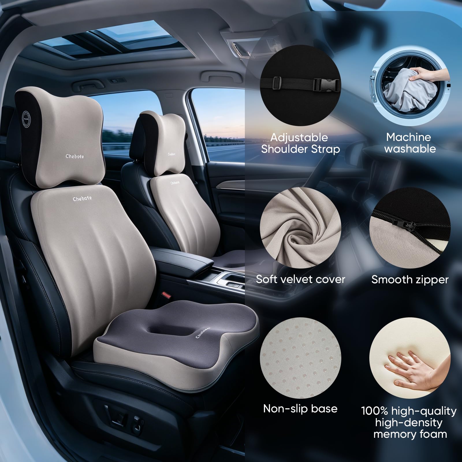 Cojín 3 en 1 para silla de oficina y cojín lumbar para coche y cuello, ergonómico ortopédico de espuma viscoelástica para asiento de coche con soporte lumbar, cojín lumbar para el dolor de espalda
