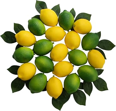 Artificial Lemons Limes 20 Fake Lemon Decor with 25 Lifelike Leaves Realistic Artificial Fruits for Lemon Party Decor,Kitchen Display,Fake Lemons with Lime Simulation for Home Centerpieces