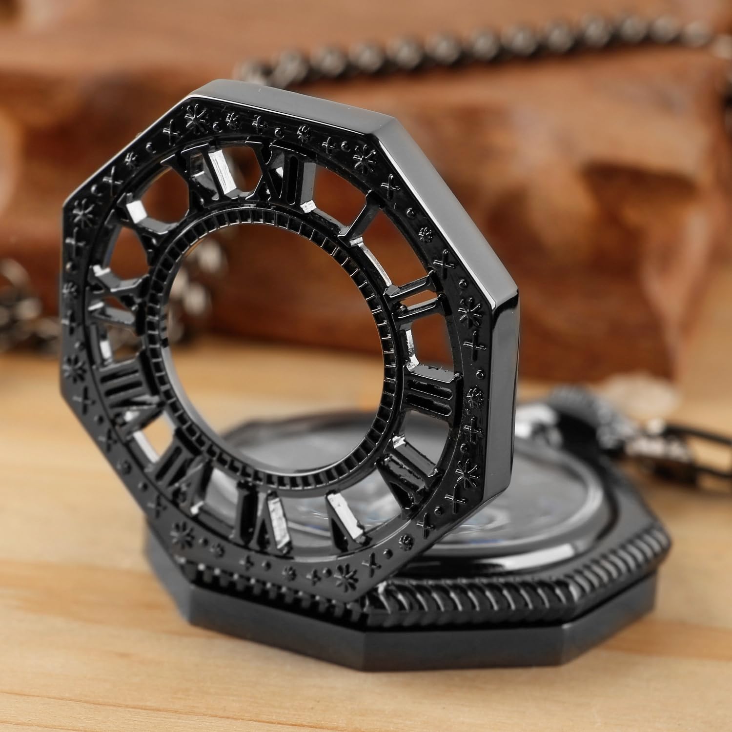Tiong Reloj de bolsillo mecánico octogonal con diseño de cubierta romana negra, movimiento mecánico para hombre, esfera de números romanos, reloj de bolsillo de apertura única, PWM26, Moda