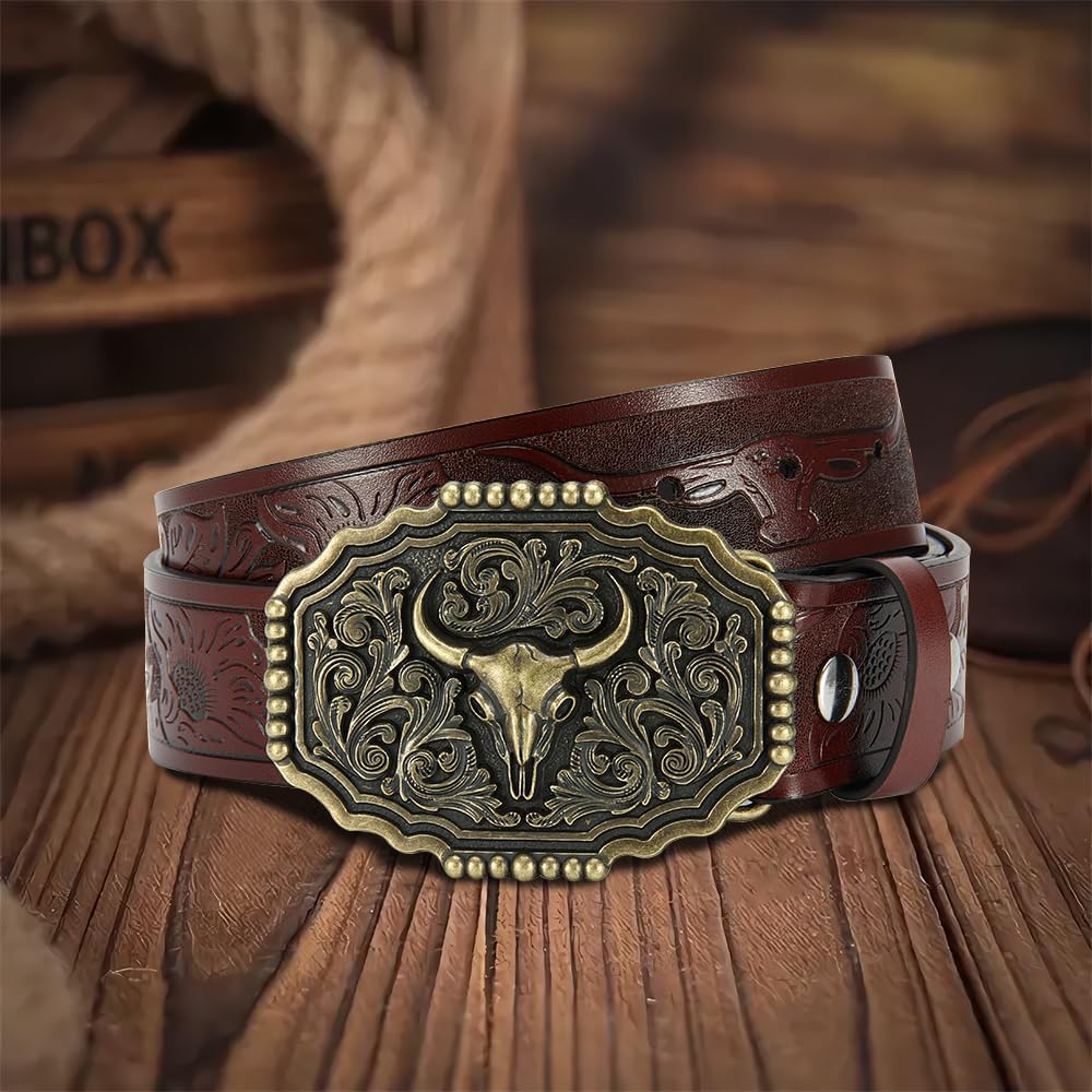 DOOPAI Men's Western Cowboy Belt – Longhorn Bull Pattern Buckle with Printed Engraving, Adjustable Strap, Fits Jeans