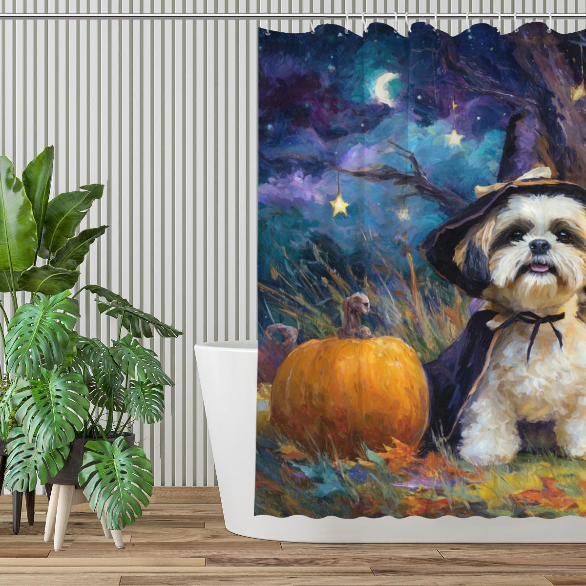 Halloween Shih Tzu Shower Curtain Pumpkin Funny Animal Scary Night Fabric Bathroom Decor Curtains with 12 Hooks 72" Wx72 H