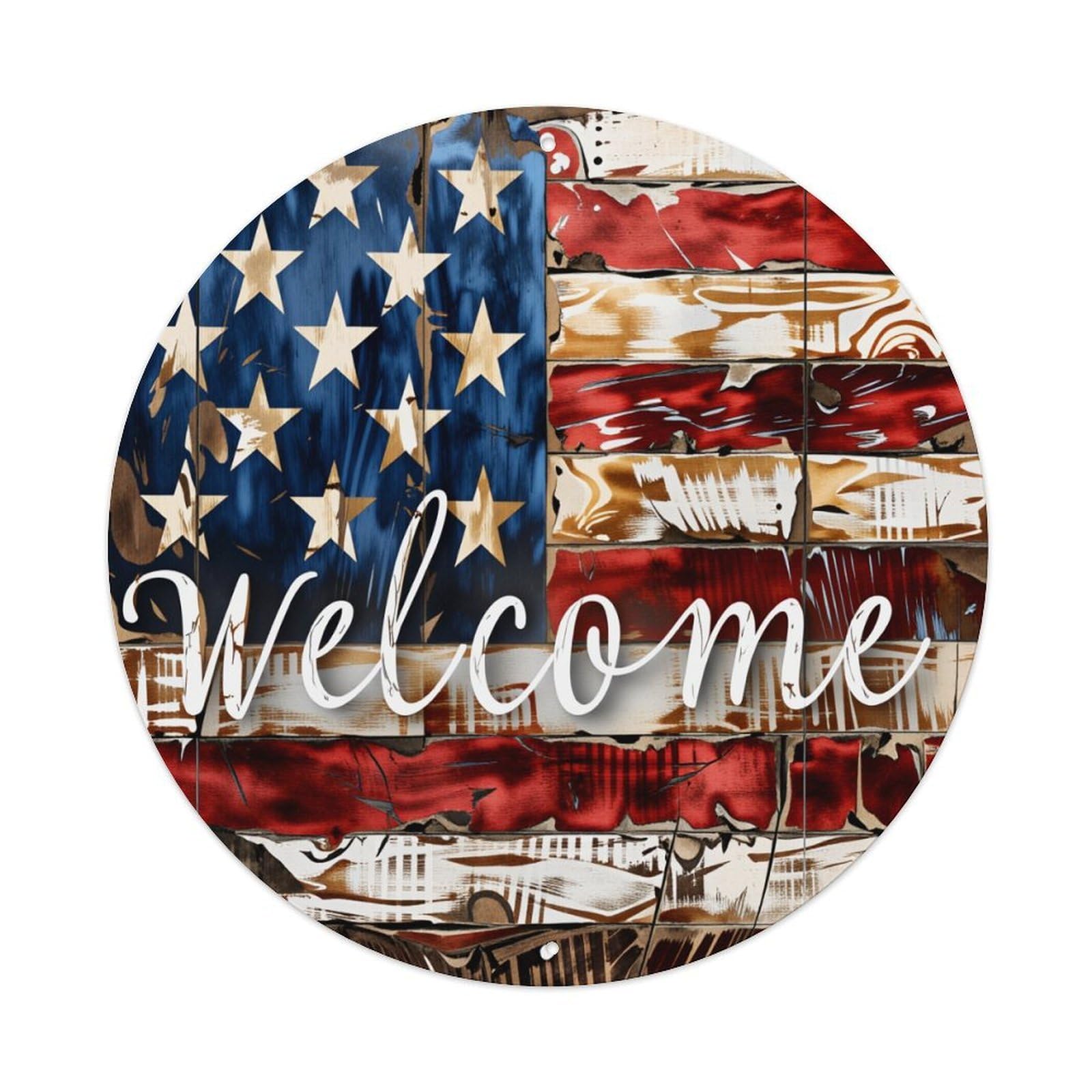 American Flag Wood Texture Welcome Sign Metal Tin Sign Plaque