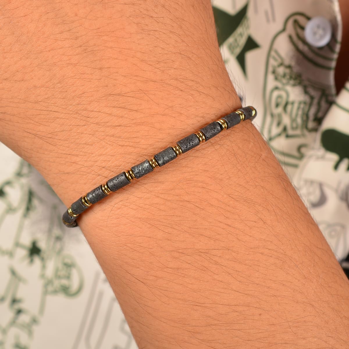 Men’s Lava Textured Hematite Bracelet - Handcrafted Original Design Beaded Gemstone with Gold-Plated Spacers, Adjustable Stainless Steel Dual-Clasp, 6.89–8.8 Inch, Gift & Everyday Wear for Men
