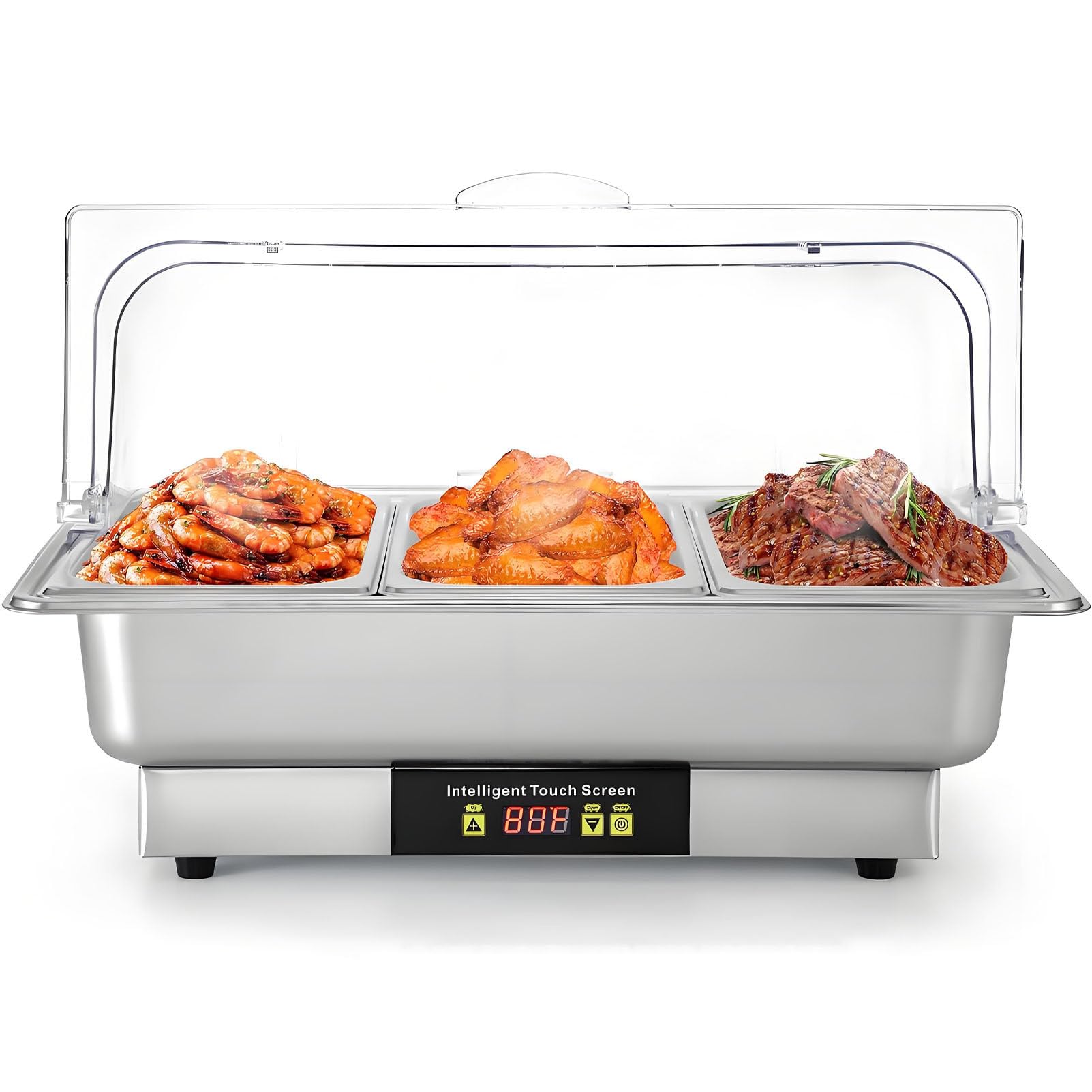 Plato eléctrico para bufé de 9 l, servidor y calentador de alimentos de acero inoxidable, olla aislante cuadrada para desayuno con control de temperatura y tapa transparente para catering 3Slot