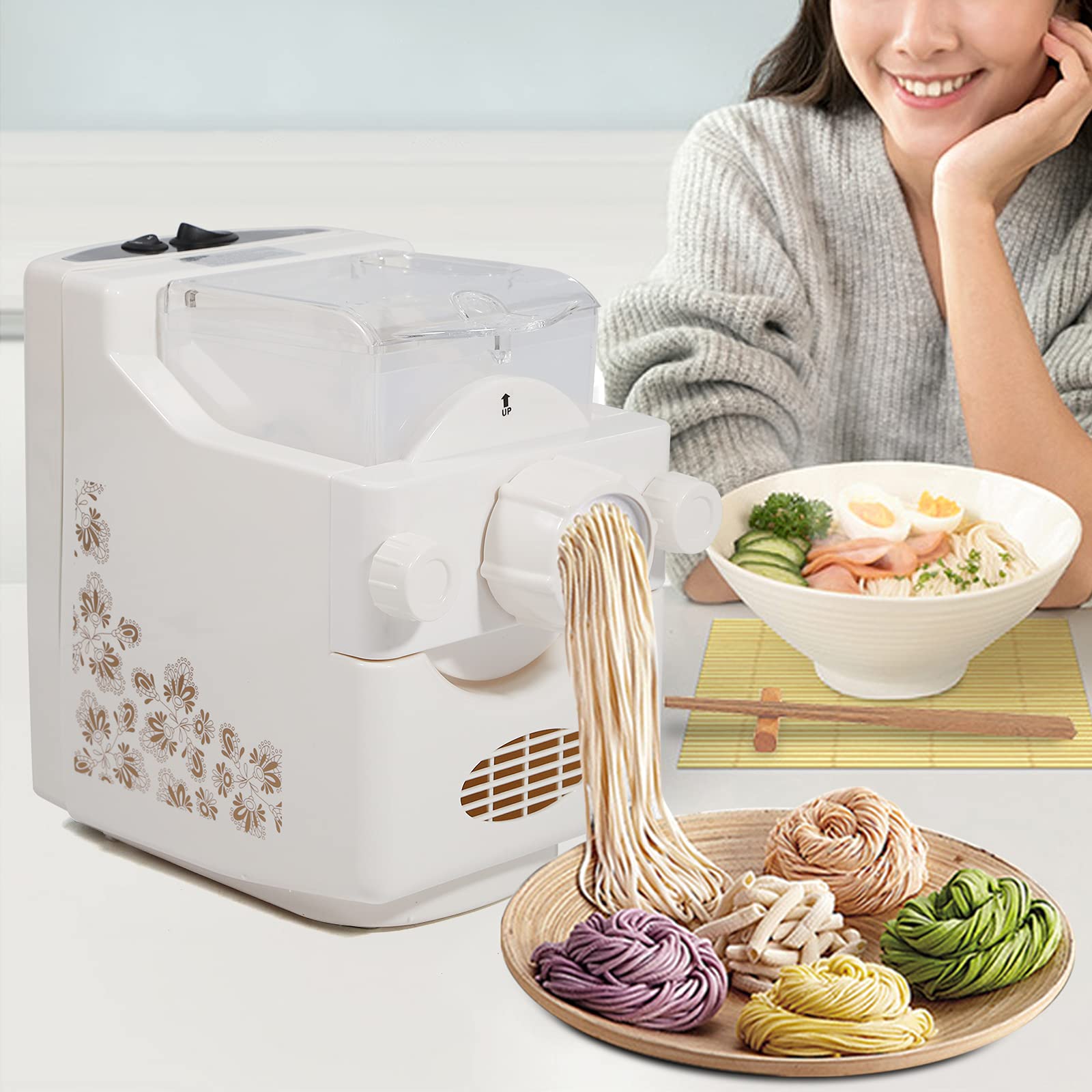 Macchina per la pasta elettrica, professionale, 180 W, completamente automatica, capacità 500 g, ci sono 9 tipi di stampi, macchina per pasta domestica, pasta spaghetti, per rifiuti domestici, bianco