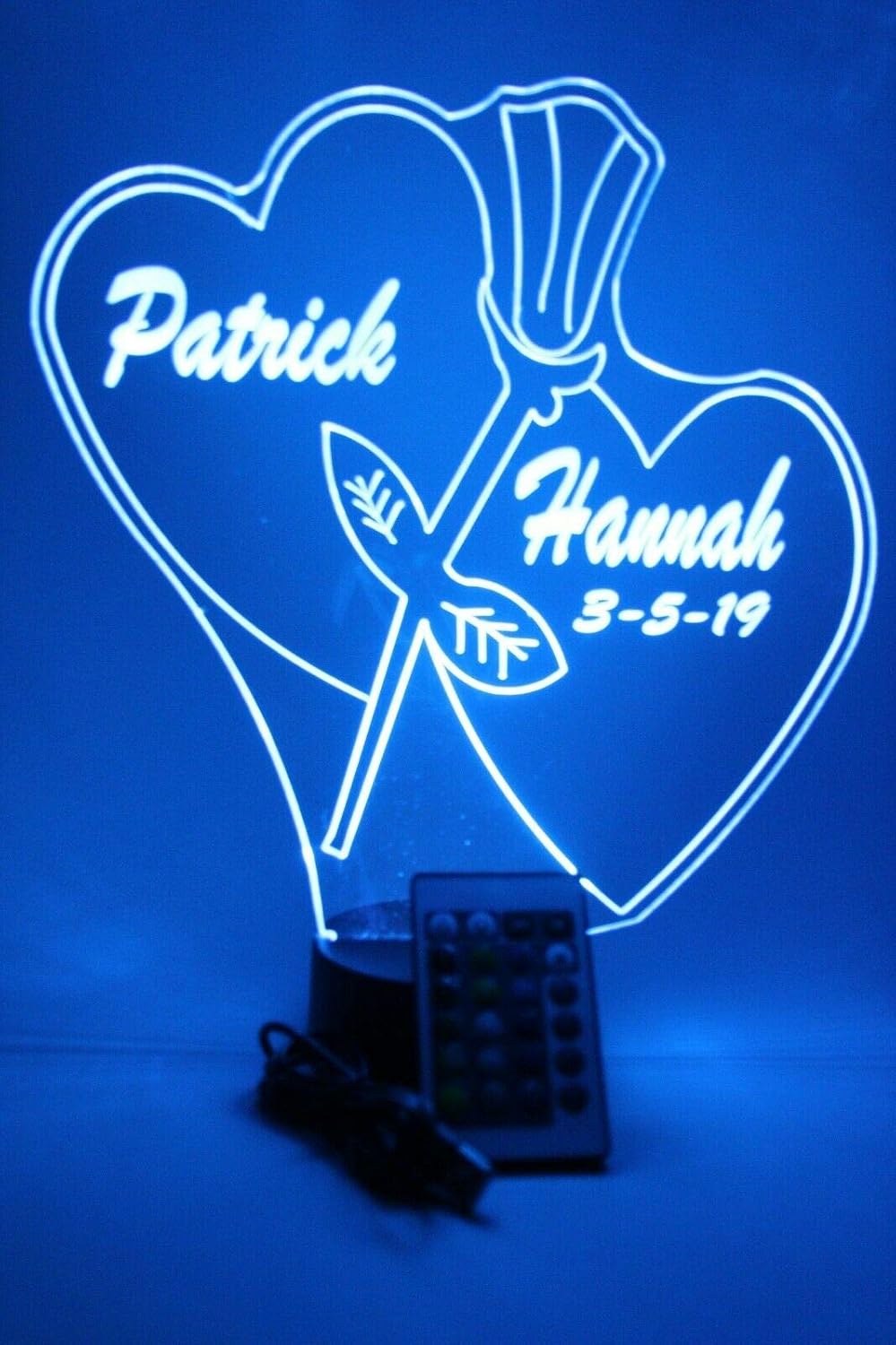 Couple Love Double Hearts With Rose Night Light Up LED Free Engraved Custom Name Personalized Table Lamp Room Decor With Remote, 16 Color Options, Dimmer, It's WOW, Great Valentine's Day Gift