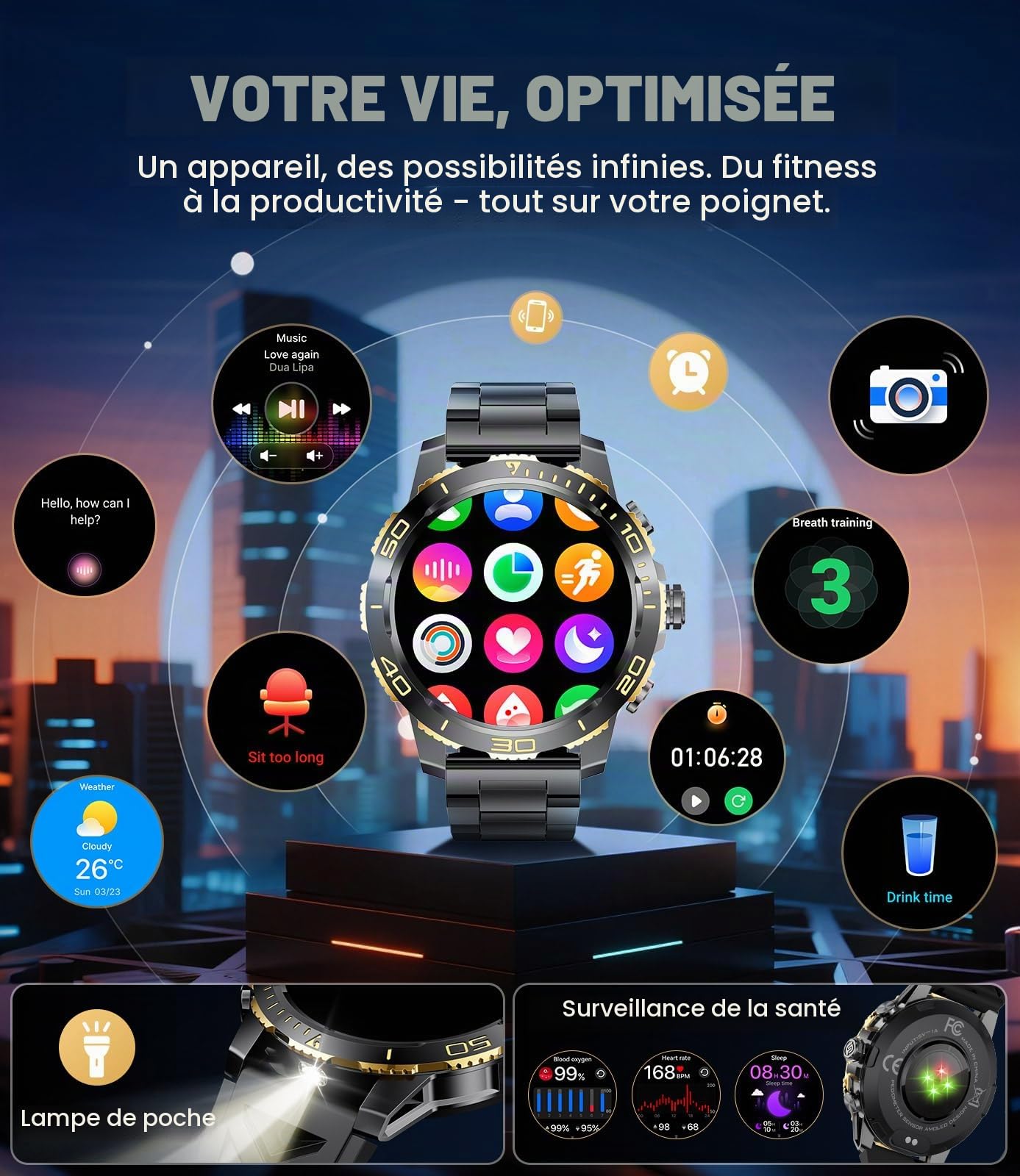 FITFLEX Montre Connectée Homme avec Batterie 800 mAh, 1.43" HD AMOLED Smartwatch Homme avec Appel Bluetooth/120+ Sportifs/Sommeil/Lampe de Poche, Etanche IP68, Fitness Montre iOS Android