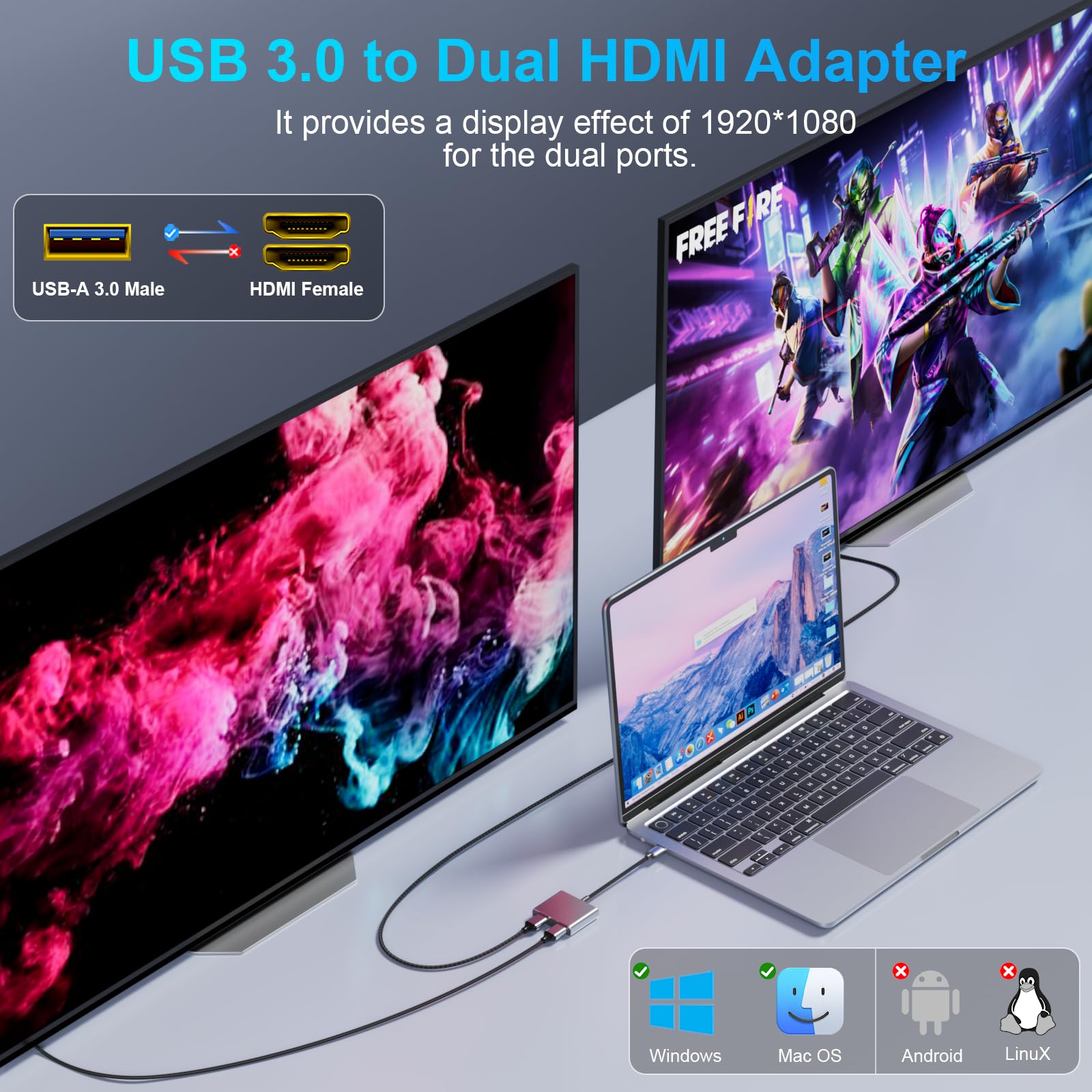 Reborn Adapter USB na HDMI, 1080P przy 60 Hz USB 3.0 męski na podwójny HDMI żeński konwerter kabli z wieloma wyświetlaczami, odpowiedni do MacOS, Windows 7/8/10/11 - wymagana jest instalacja