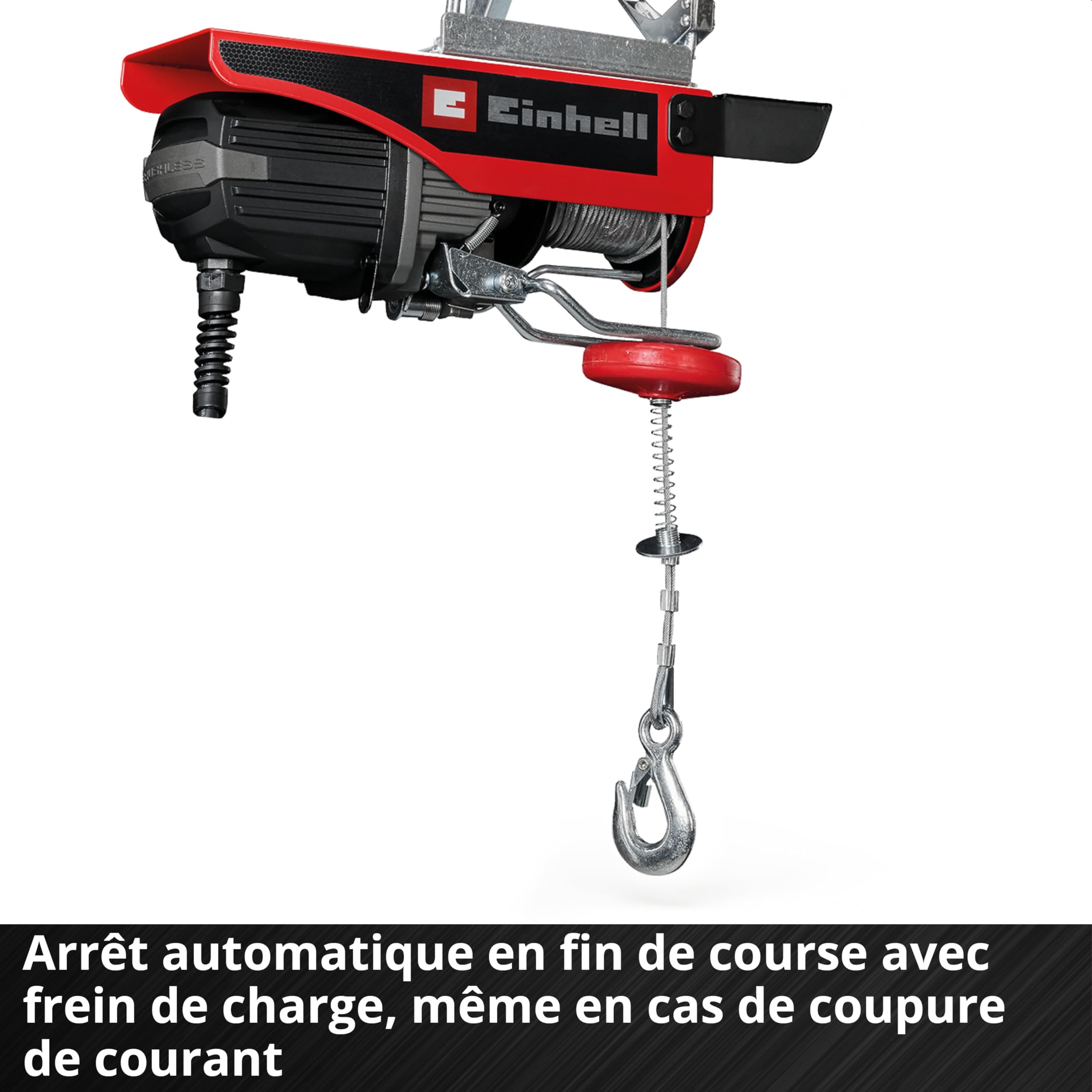 Einhell Palan sans fil TE-EH 18/250 Li BL Power X-Change (18 V, sans charbon, capacité de charge 125 kg / 250 kg avec poulie de renvoi, hauteur de course 12 m, vitesse 3,5 m/min, câble en acier)