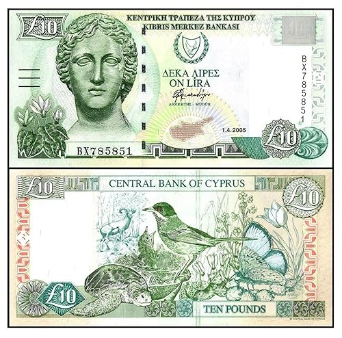 1998 CBC AWESOME CYPRUS BILL w ANCIENT GOD + WILDLIFE (TURTLE, BIRDS, ELK, BUTERFLIES) A BEAUTY! 10 Lira Seller XF to AU