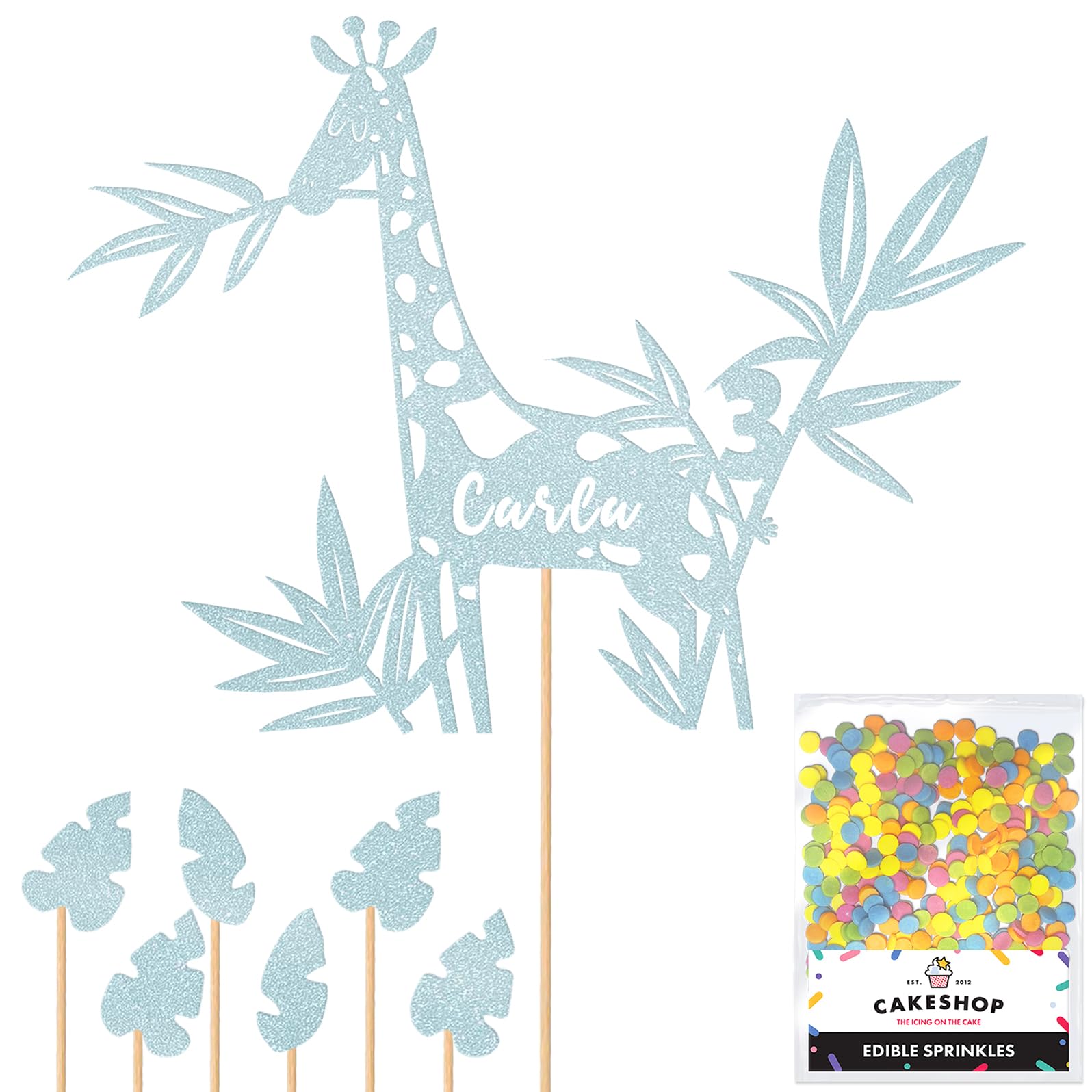 Personalised Birthday Jungle Giraffe Glitter Cake Topper Lt Blue Any Custom Age & Name Glitter Cake Decoration and Sprinkles - Happy Birthday Decorations - Personalised Toppers for Cakes by Cakeshop โ image 1