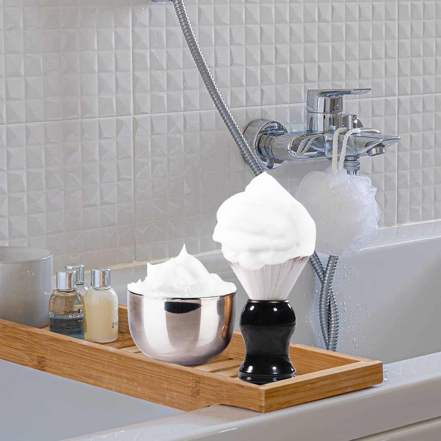 Grandslam Set di Pennelli da Barba Premium, 3 in1 Pennelli da Barba da Uomo, Supporto e Ciotola in Acciaio Inox, Kit Tradizionale per Rasatura a Umido, Set da Barba Manuale per Regalo da Uomo (Nero)