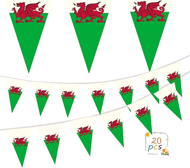 20 Welsh Flag Bunting 33 ft long Triangle Buntings Banner with Y Ddraig Goch Red Dragon Wales Flags Decoration for Indoor Outdoor Sporting Events World Cup Soccer FOR St. Davids Day