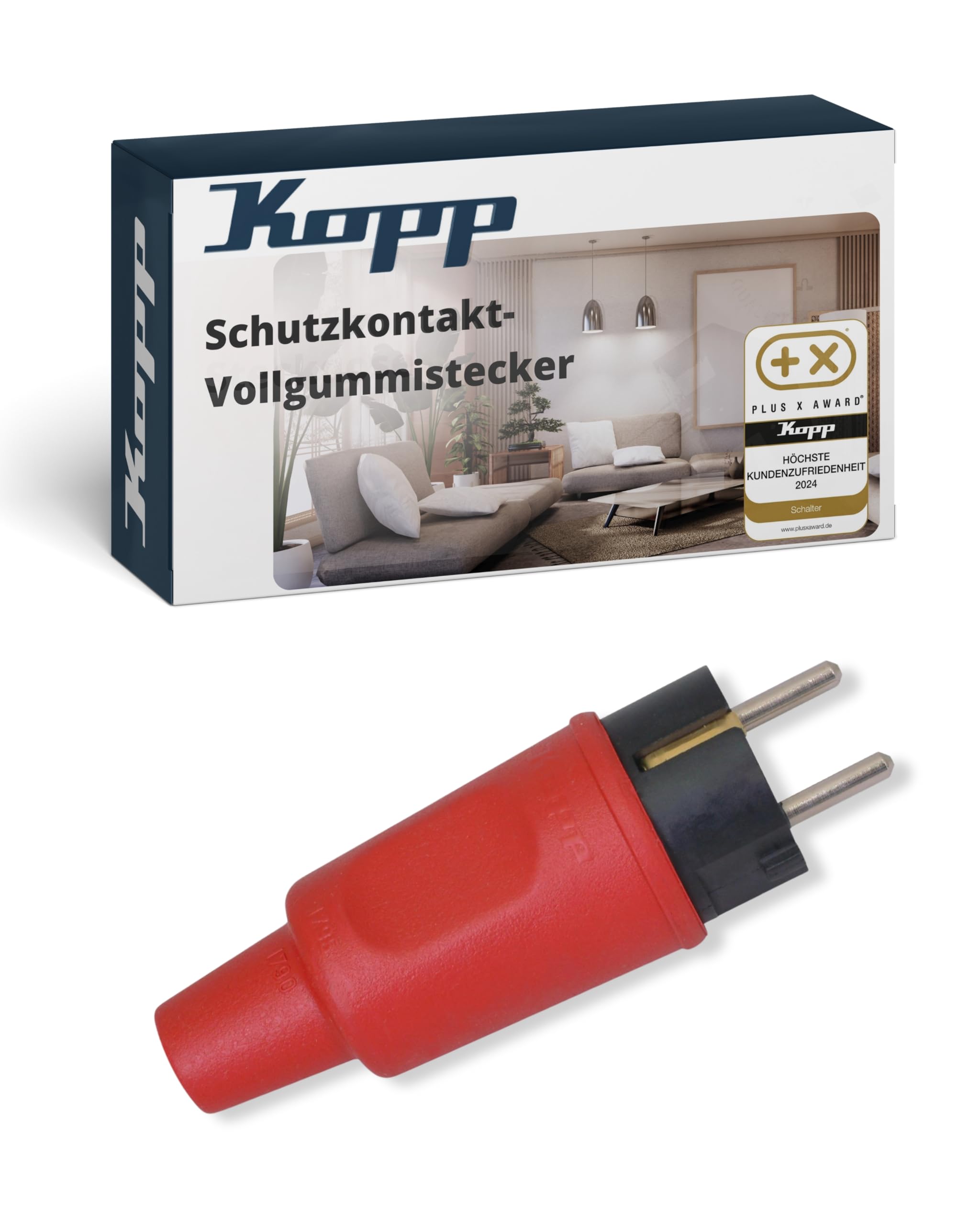 Kopp Schutzkontakt-Vollgummistecker in rot - Bruchfester IP44-Stecker aus Vollgummi mit Knickschutz - VDE-geprüft - Schutzkontakt 16A / 250V~ - Für Profi- & Heim-Einsatz