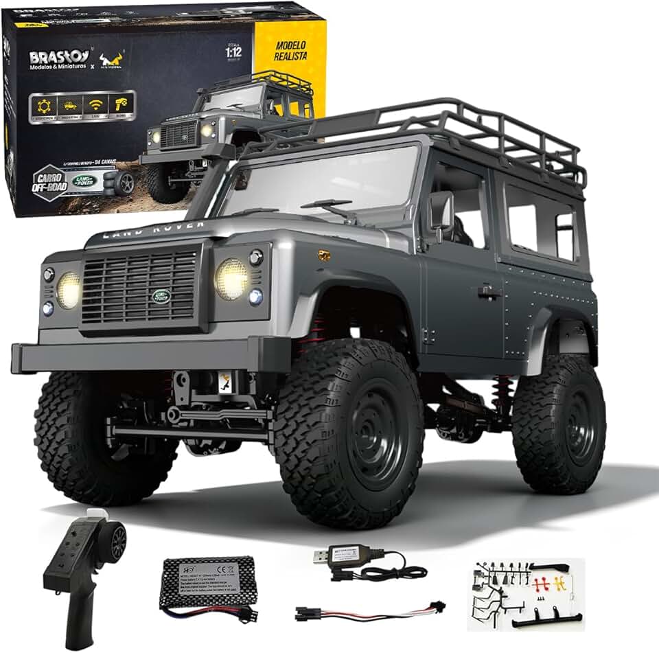 Carrinho de Controle Remoto RC Crawler 4x4 Off-Road 1:12 Brinquedos Com Luz e Som 2.4GHz (Preto)