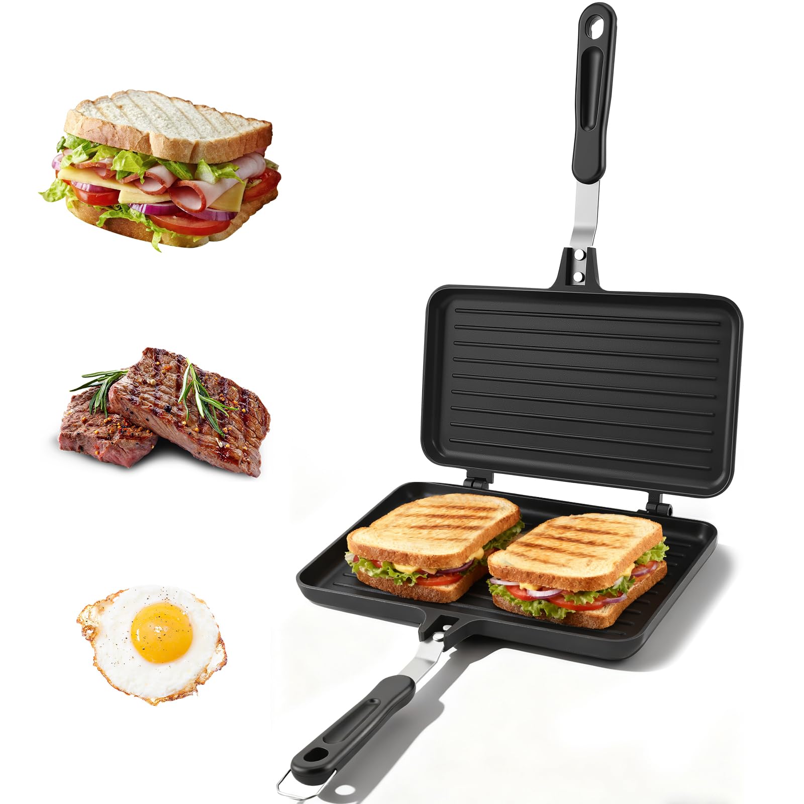 Towwoo Sándwich de doble cara, antiadherente, mango de aluminio, para tortillas y panini, 24 x 13,5 cm