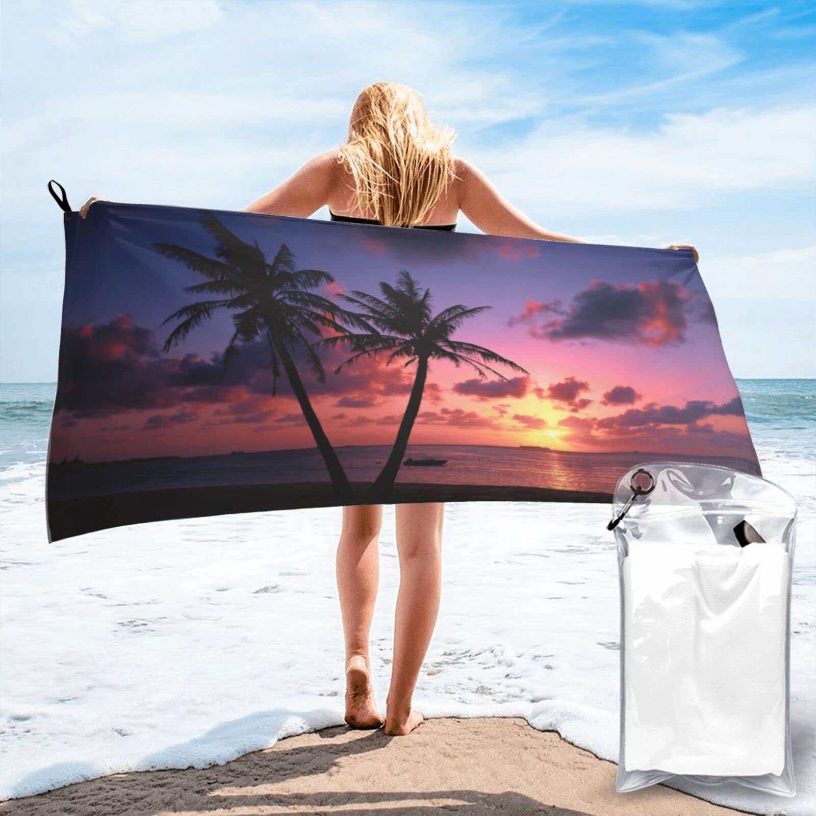 Lawenp Beautiful Sunset Palm Trees Microfiber Beach Towel Adults Large Quick Drying Bath Towel Travel Towels with Pouch 31.5"x63"