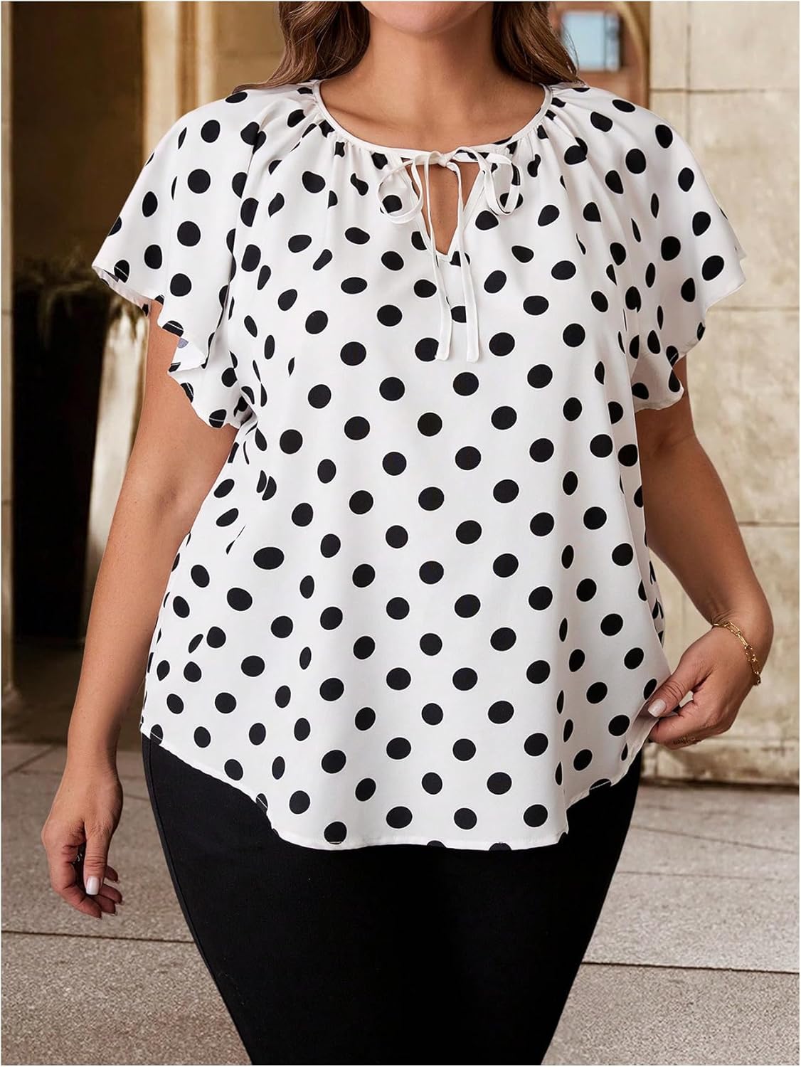 WDIRARA Women's Plus Size Polka Dots Blouse Tie Neck Ruffle Short Sleeve Tops Shirts - Image 3