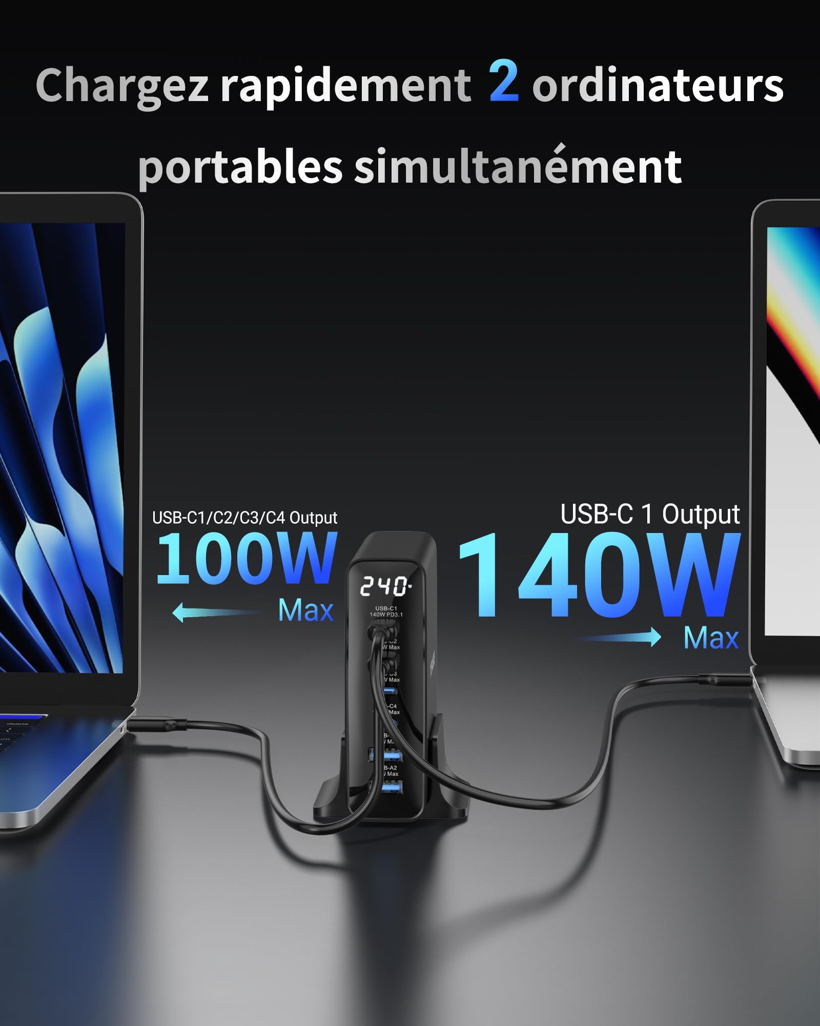 240W Chargeur USB C 6 Ports, Chargeur PD3.1 GaN avec écran LED, Station de Charge Rapide de Bureau pour MacBook Pro/Air, pour iPhone Pro/iPad/Dell XPS/Galaxy et Plus Encore, Noir | Station Charge Rapide Bureau GaN pour MacBook Pro/Air, pour iPhone Série,