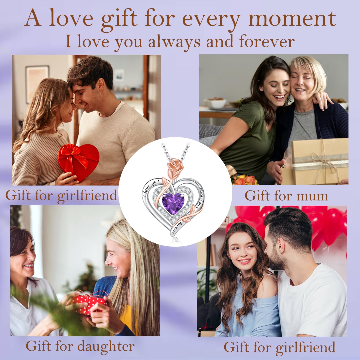 LAVUMO Collana Donna Argento 925 Ciondolo Doppio Cuore Fiore Rosa, Gioielli Donna Pietre Portafortuna, Regalo Donne Compleanno San Valentino Festa Della Mamma Regali