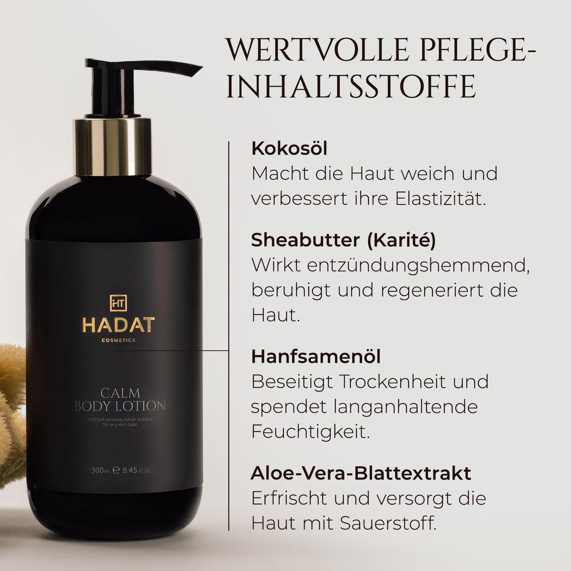 HADAT Calm Body Lotion - Feuchtigkeitspflege mit Kokosöl Aloe Vera Hanfsamenöl Schnell Einziehend für Weiche Glatte Haut Tägliche Pflege Luxuriöser Blumenduft, 300 ml