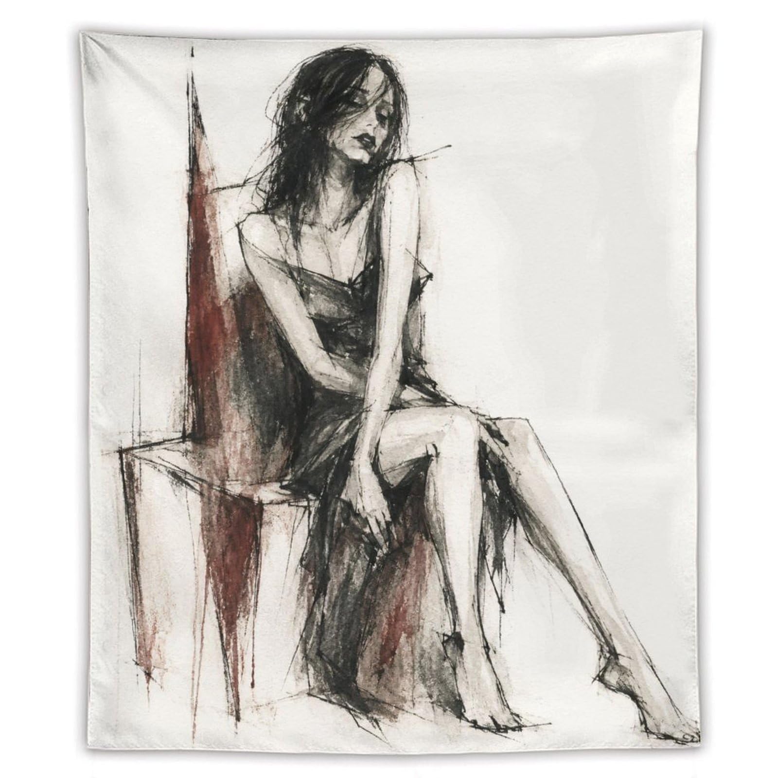 W7C8U2X3 Seated Woman Charcoal Sketch Wall Tapestry, Realistic Illustration