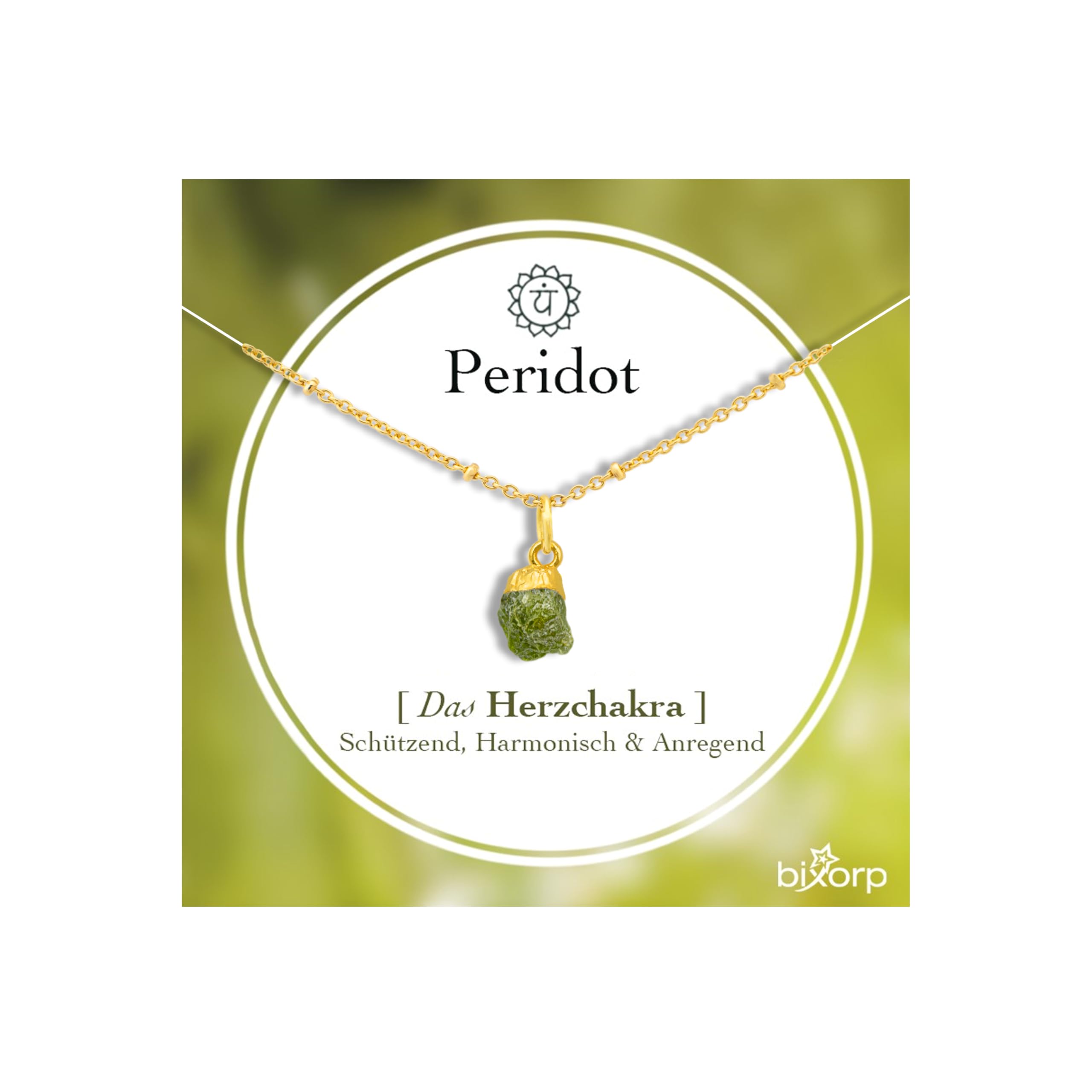 Bixorp Peridot Edelstein Kette Damen - Rohstein Halskette - Chakra Schmuck aus Edelstahl mit 18K Goldplattierung - 36 cm + 8 cm verstellbar