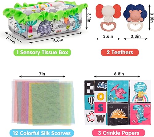 Miniatura 6 de GRFUEZTO Caja de pañuelos para bebés de 6 a 12 meses, juguetes Montessori para bebés de 6 a 12 meses, caja de pañuelos sensoriales con dentición