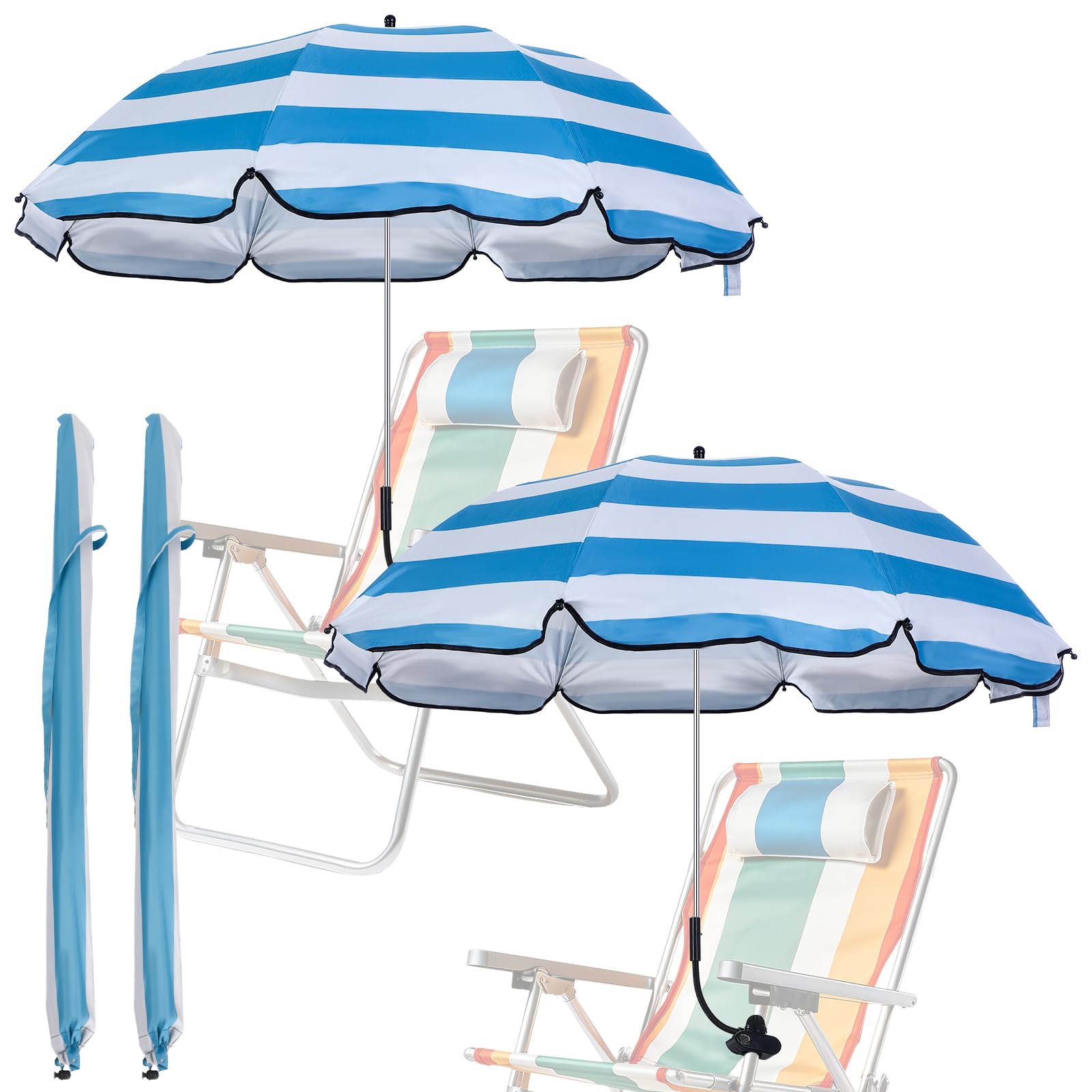 Sadnyy 2 Pcs Chair Umbrella with Universal Adjustable Clamp 38'' Portable Wheelchair Umbrella UPF 50+ Camping Chair Umbrella Clip on Parasol 2 Pcs Storage Bag for Beach