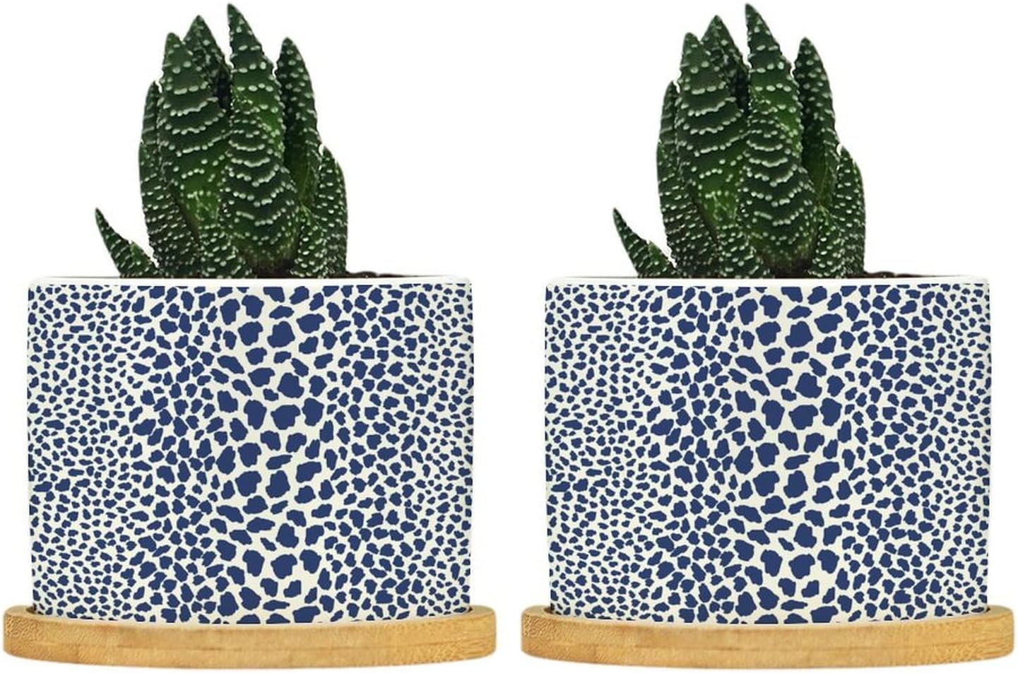 Navy Leopard Print Planter Ceramic African Animal Blue Round Flower Pot with Drainage Holes and Bamboo Tray Pot for Outdoor Garden Home Plant