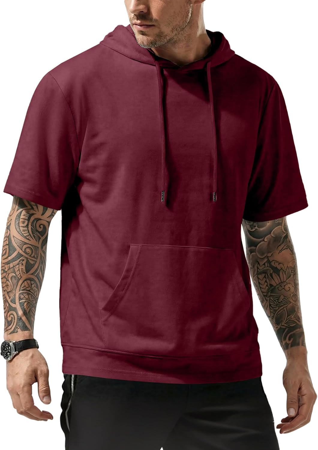 JMIERR Mens Short Sleeve Hoodie Cotton Hooded T-shirts Lightweight Solid Sweatshirts with Pocket