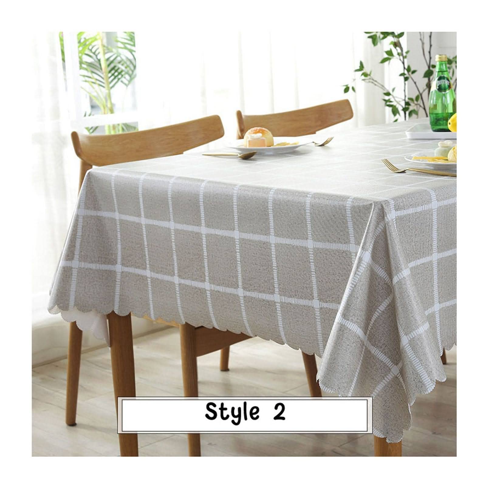Nappe rectangulaire 8 places en PVC gris avec motif treillis 135 x 220 cm lavable avec serviettes assorties