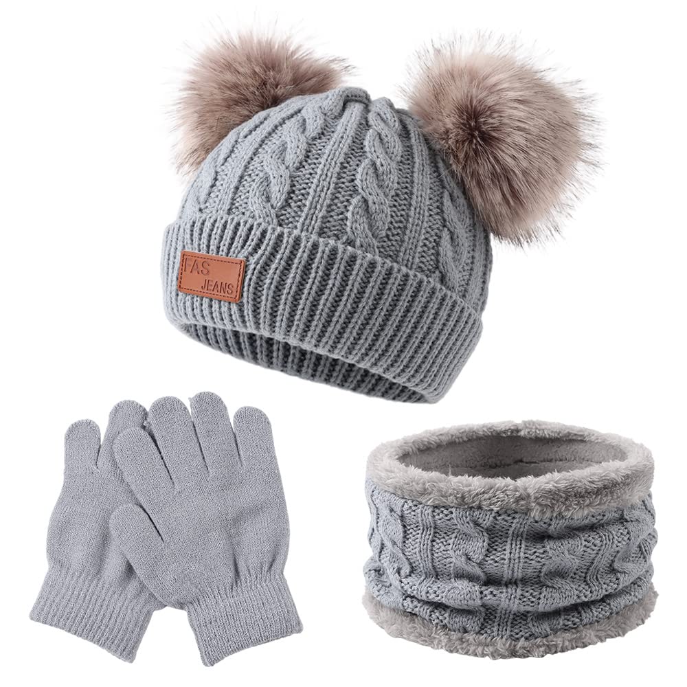 Yuoahcn Kids Winter Beanie Hat Scarf Gloves Set Knit Warm Toddler Winter Cap Gloves Neck Warmer for Boys Girls 1-8 Year