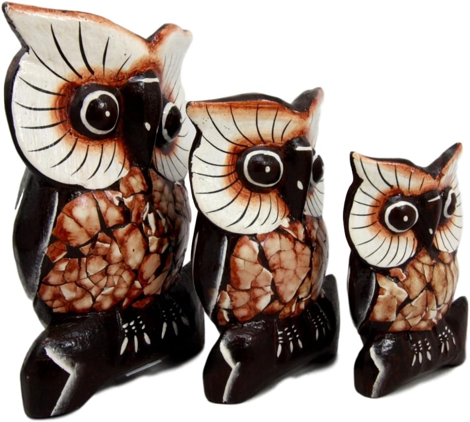 BALIKRAFT Hand Made Wood Artisans Burung Hantu Forest Owl Family Set of 3 Decorative Figurines 6" H