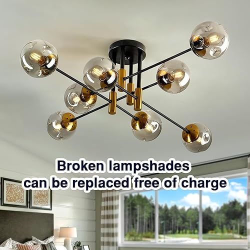 Miniatura 4 de SZXYKEJI Lámpara de techo con forma de globo de cristal de 8 luces, color negro y dorado de mediados de siglo, lámpara Sputnik de montaje empotrado,
