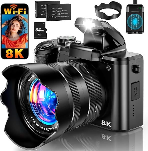 8K Digital Camera, 88MP WiFi Cameras for Photography with 3.2" Touchscreen, 16X Zoom Autofocus Professional Dual Camera, Anti-Shake, 2 Batteries & Charging Stand, 64GB Card, Flash, Lens Hood - 1