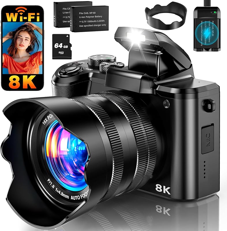 8K Digital Camera, 88MP WiFi Cameras for Photography with 3.2" Touchscreen, 16X Zoom Autofocus Professional Dual Camera, Anti-Shake, 2 Batteries & Charging Stand, 64GB Card, Flash, Lens Hood