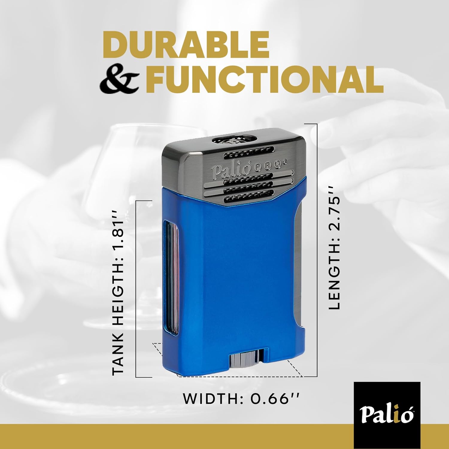 Palió Antares Lighter with dimensions: Length 2.75 inches, Width 0.66 inches, Tank Height 1.81 inches
