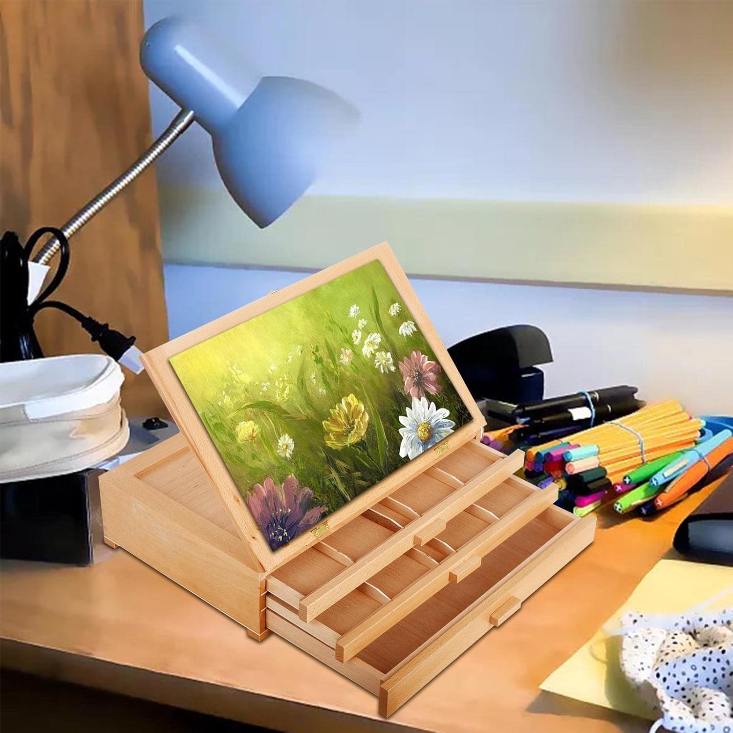 Vencer Adjustable Wooden Artist Table Easel with 3-Drawer Storage Box,Portable Wood Artist Desktop Case with Book Stand,Store Pencil, Paint,Marker Set,VAO-013