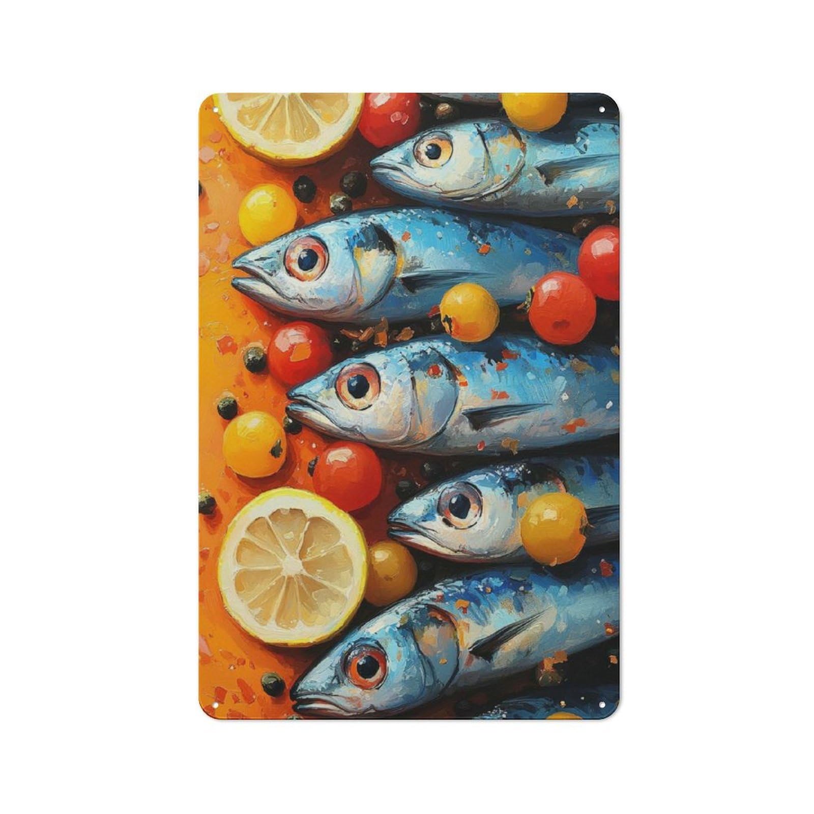 Junmoney Sardines With Lemon And Tomatoes Vintage Tin Sign 30X20cm For Guest Room Or Hallway, Suited To Home Decor Collectors