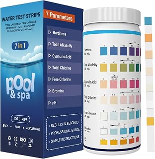 7 en 1 Bandelette Piscine, Languette Piscine, Testeur Piscine, Bande Test Piscine, Test TAC pour Piscine : pH, Chlore Libre, Chlore Total, Brome, Dureté Totale, Alcalinité Totale, Acide Cyanurique CYA
