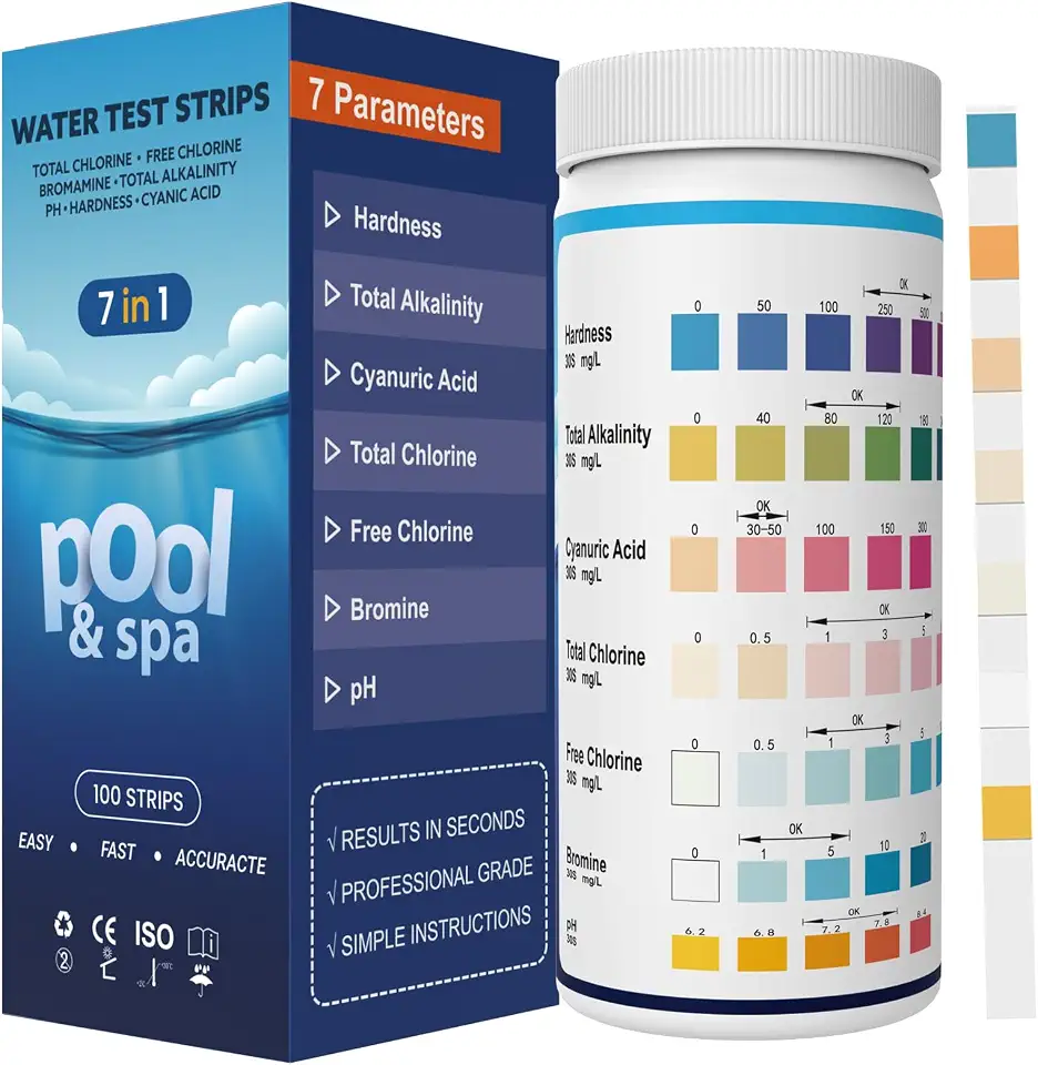 7-in-1 Pool Teststreifen für Spa | Genauer Whirlpool Messstreifen und Wassertester Teststreifen | Test Chlor und pH Wert, Cyanursäure Messen, Brom, Gesamthärte&Gesamtalkalinität|100 Stäbchen