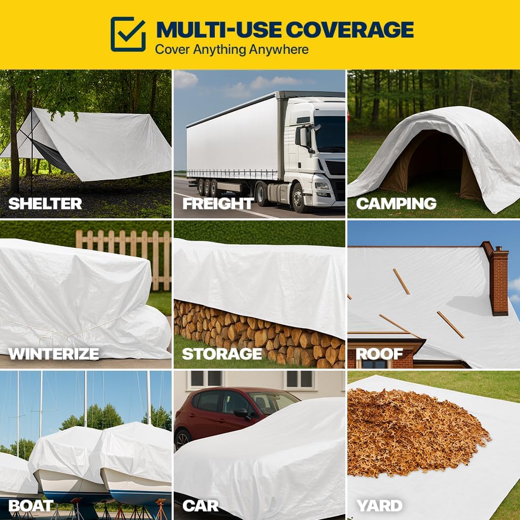 Seal Skin Covers Heavy Duty Waterproof Tarp 12x20 FT, 16 Mil 8 OZ 160 GSM Thick White Poly Tarp with Rustproof Grommets, Tear-Proof Cover with Reinforced Edges for Camping, Pool, Canopy Use
