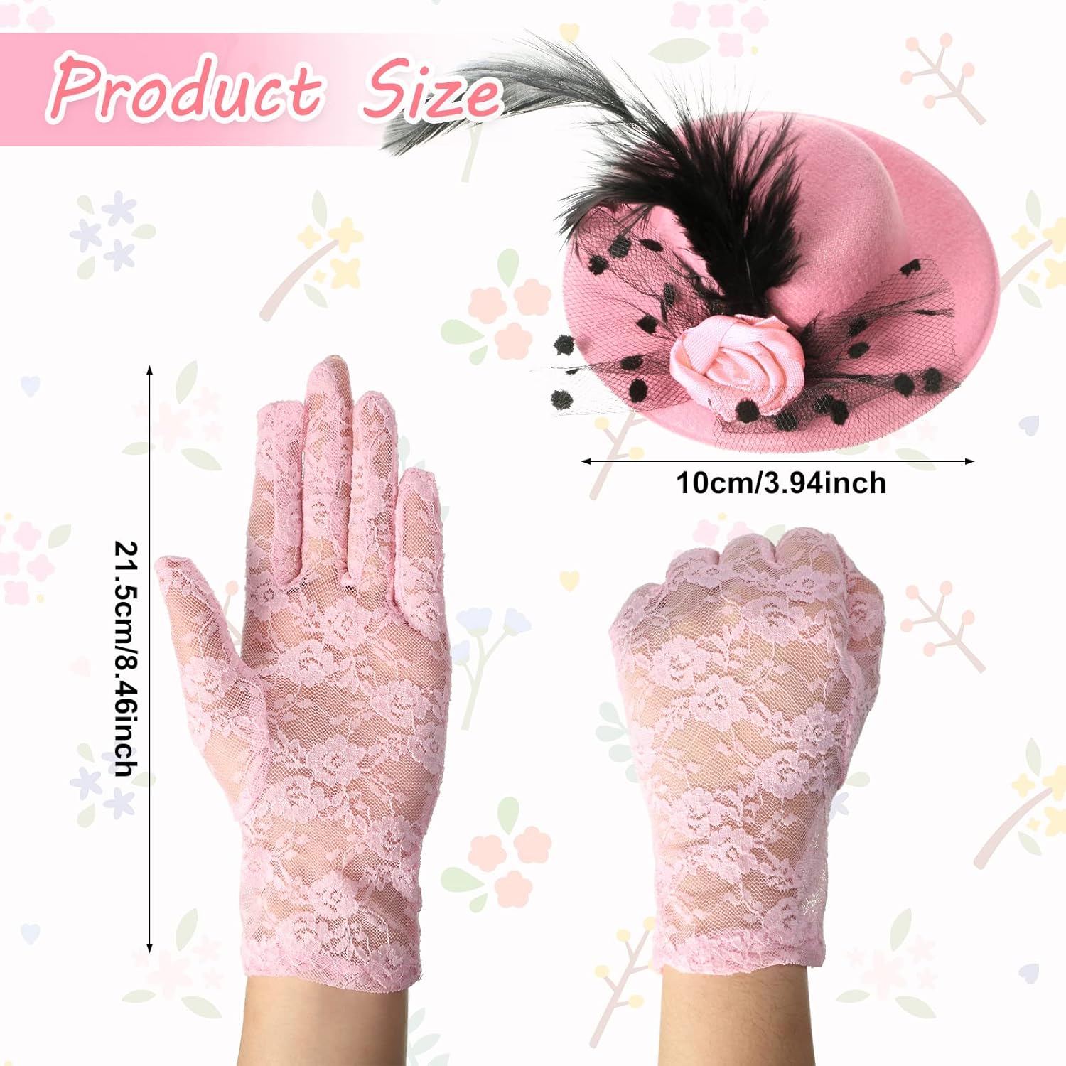 4 Sets Women Tea Party Hat and Gloves Fascinators Hats for Women Girls Kids Tea Party Headband with Lace Fascinator Gloves Mini Tea Party Hats Cocktail Party Supplies Fancy Hair Fascinators - Image 2