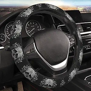 Mlanxi Gothic Black Skull 15 Inch Universal Steering Wheel Covers, Cute Car Accessories for Women and Girls