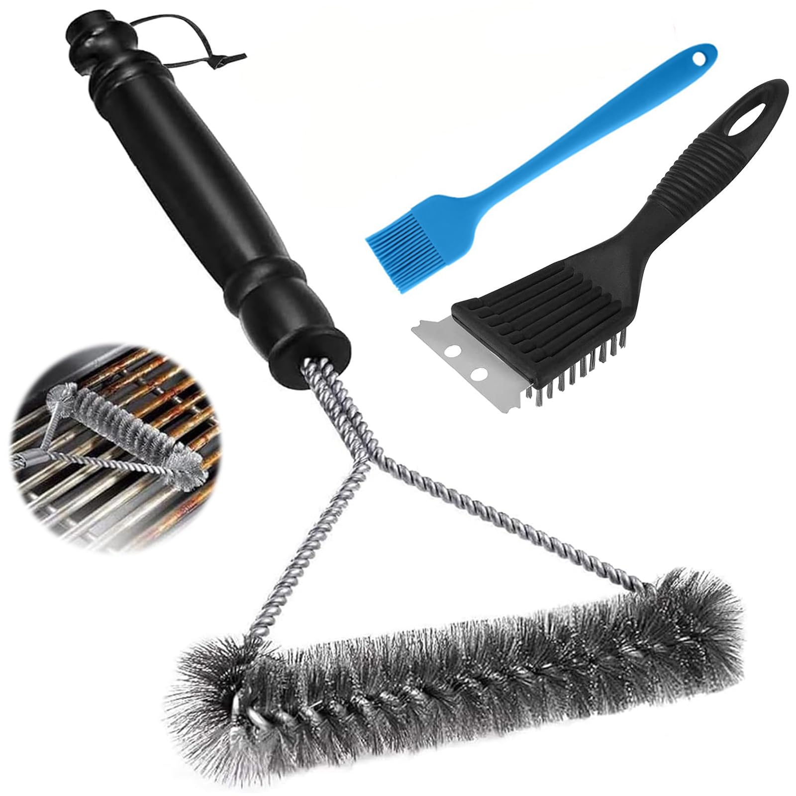 3 PCS BBQ Cleaning Wire Brush & Scraper, Grill Brush, BBQ Cleaner, Stainless Steel BBQ Wire Brush for Grill, BbQ Brush for Grill Cleaning Brush, Barbecue Brush for Gas, Charcoal, Grill Grates